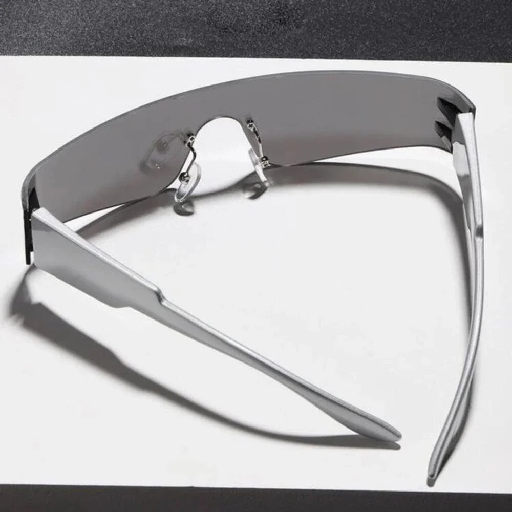 Futuristic Silver Shield Sunglasses Rimless Mirror Wrap Around Cyber Y2K Shades
